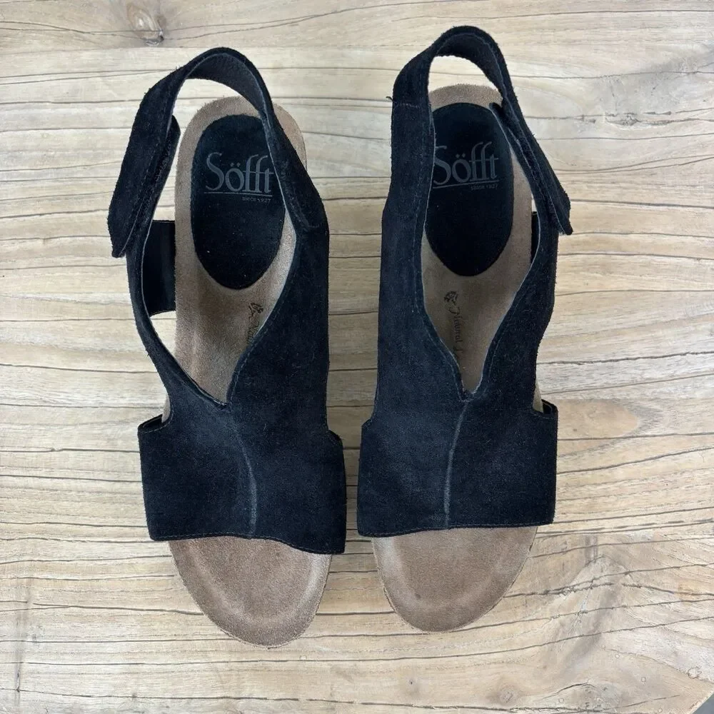 Sofft Leather Suede Wedge Sandals Black 9 Open Toe Capsule Comfort Casual Chloee